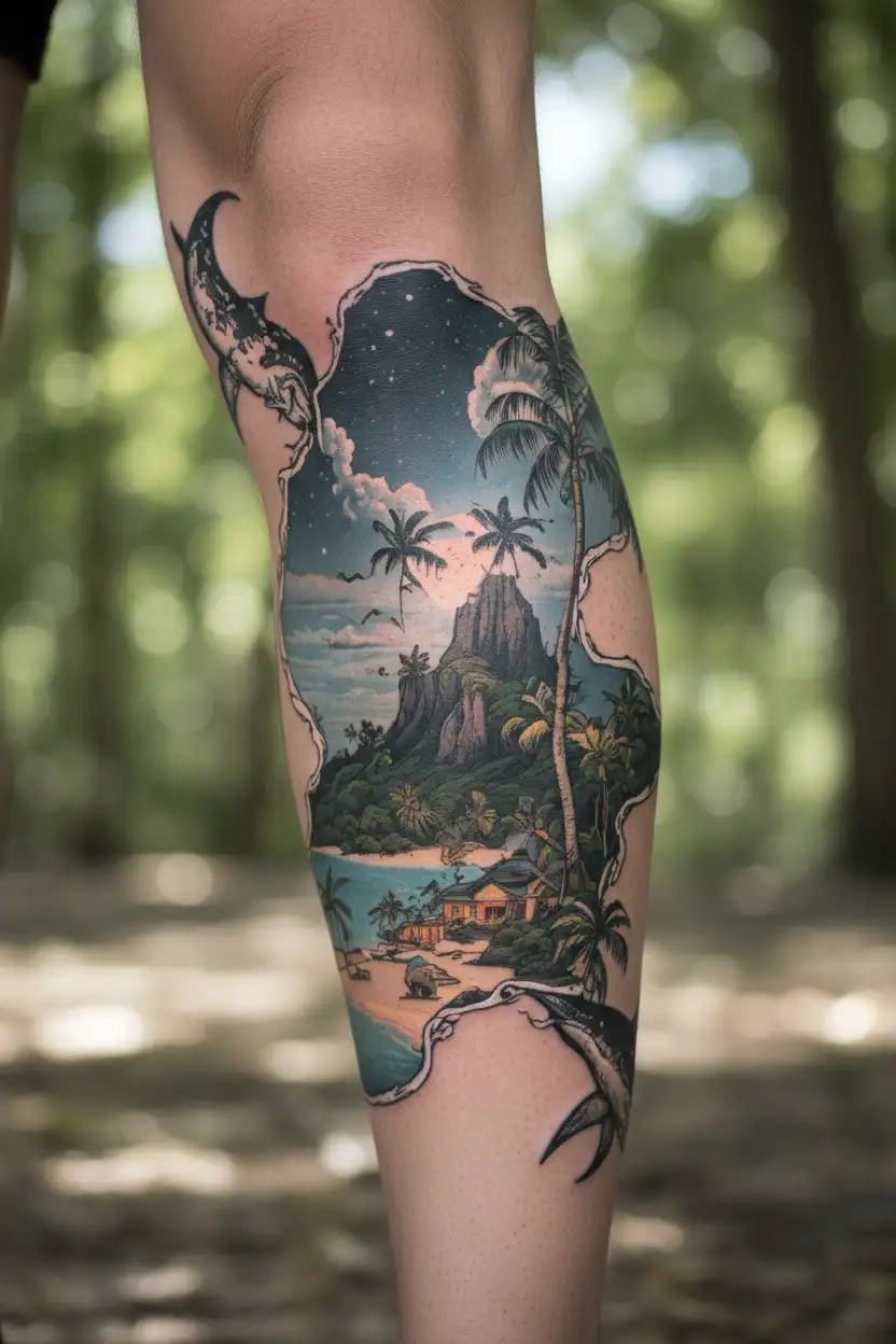 the island of guam with a night scene inside with a waxing cresent moon tattoo design idea
