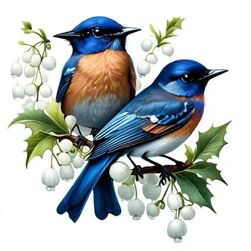 two Kentucky bluebirds with lily of the valley and holly berry flowers tattoo design idea
