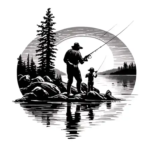 sun rays shining over a river with a father and son fly fishing from far away tattoo design idea