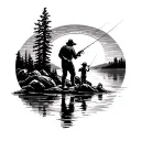 sun rays shining over a river with a father and son fly fishing from far away tattoo design idea