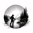 sun rays shining over a river with a father and son fly fishing from far away tattoo design idea