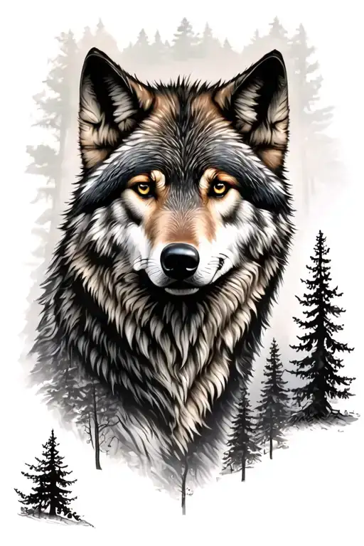 wolf and forest trees looking tattoo design idea