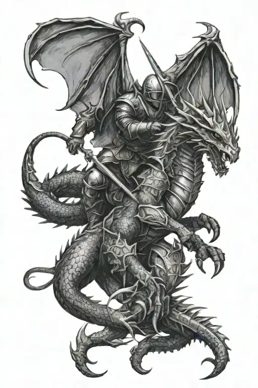 knight fighting dragon in front of a castle tattoo design idea