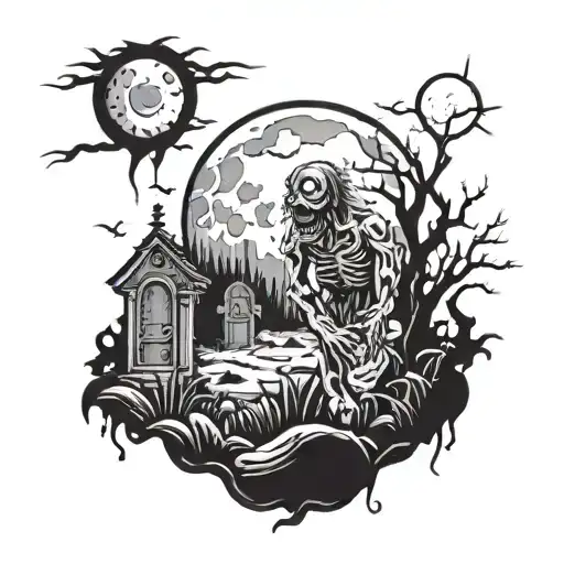 Zombie emerging from a graveyard with a full moon in the background tattoo design idea