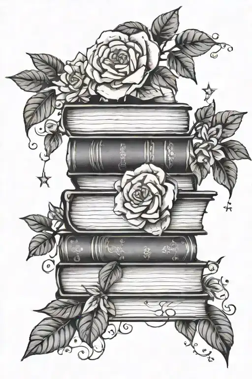 Stack of books surrounded by camellias, vines and stars tattoo design idea