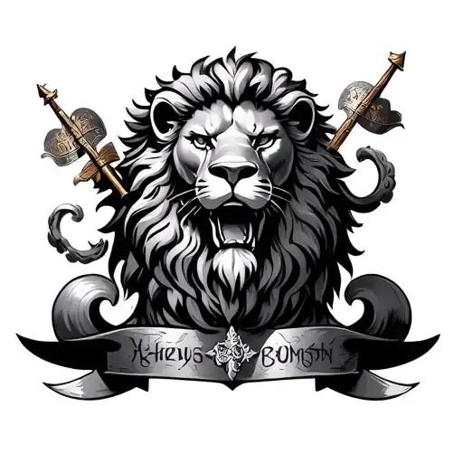 chest of lion surrounded by english knights but have no flags and clouds around them tattoo design idea