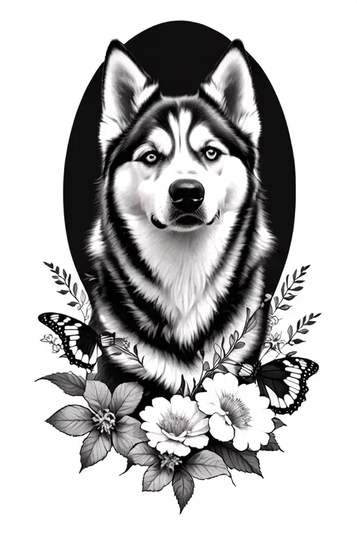 memorial Siberian husky, flowers, monarch butterfly tattoo design idea