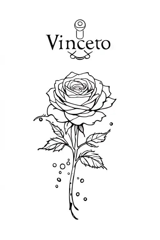 One big rose with water splashes at the bottom the Virgo zodiac sign on top make it a cover up for word Vincent tattoo design idea