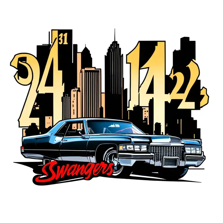 austin texas skyline with 512 in the top right corner and 24 on the top left corner and a cadillac with swangers tattoo design idea