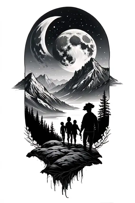 mountain landscape and father and three children and giant moon tattoo design idea