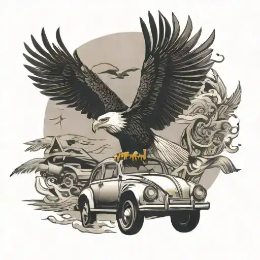 Eagle soaring over a sea of VW Beetles tattoo design idea