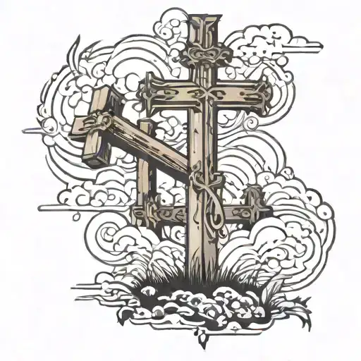 three crosses with heaven like background with a women walking up a path  tattoo design idea