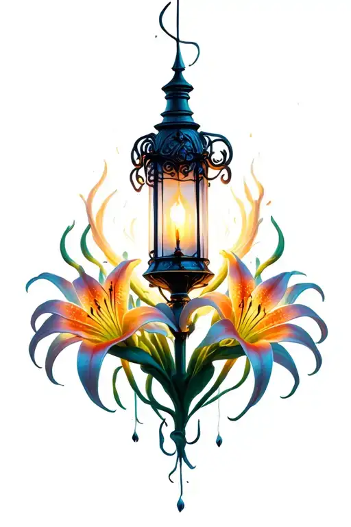 glowing lanturn surrounded by spiderlilies tattoo design idea