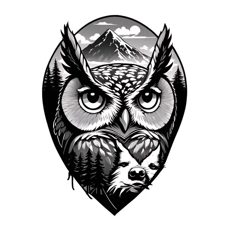 Owl, mountain, dog, trees tattoo design idea