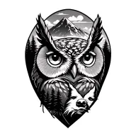 Owl, mountain, dog, trees tattoo design idea