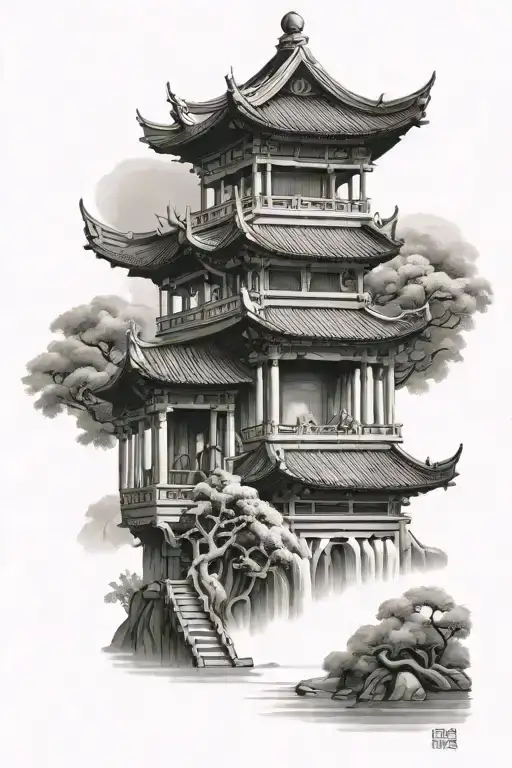 ancient Chinese temple with trees and water tattoo design idea