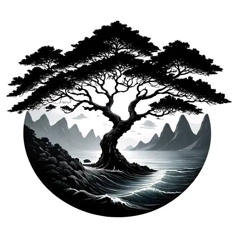 tree of life with ocean and mountains tattoo design idea