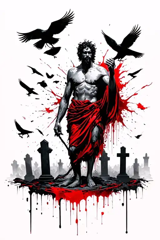 dark greek god erebus over looking a graveyard filled with crows tattoo design idea