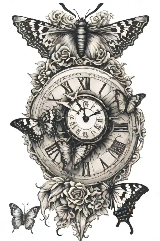 butterfly clock face morphing tattoo design idea