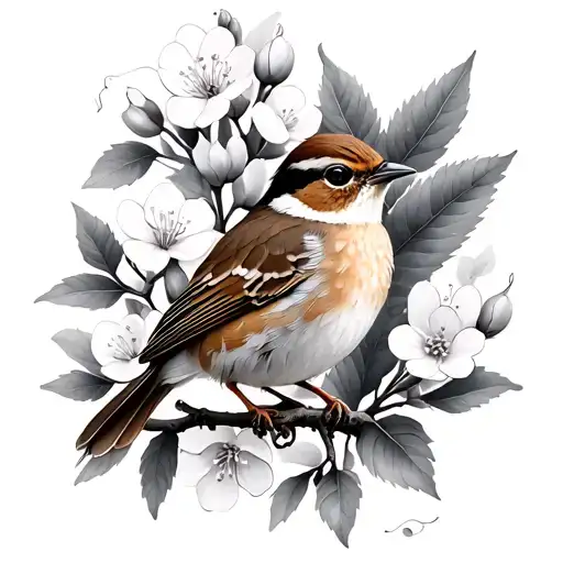 Wren Bird blackthorn blossom flowers tattoo design idea