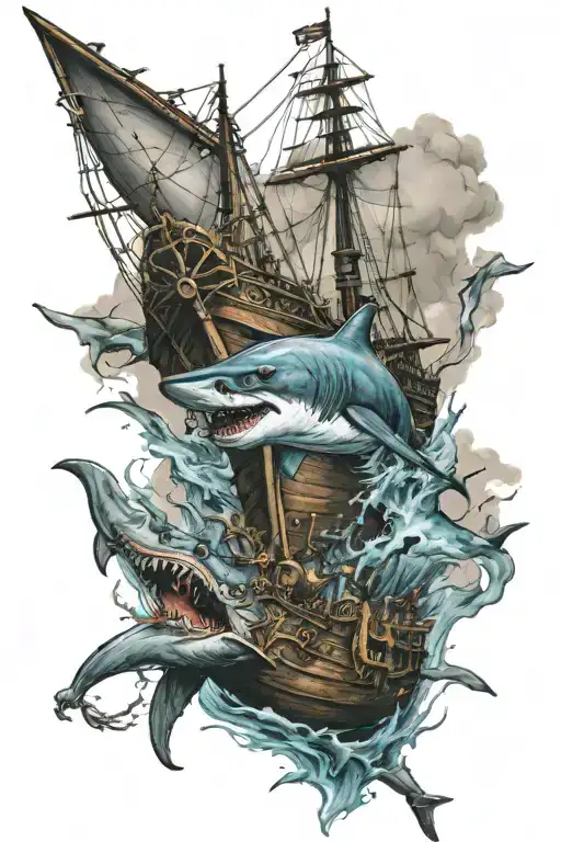 pirateship vs zombie sharks swimming tattoo design idea