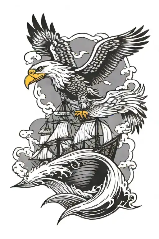 eagle and wolf and ship sailing through stormy tattoo design idea