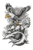 eagle and wolf and ship sailing through stormy tattoo design idea