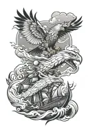 eagle and wolf and ship sailing through stormy tattoo design idea