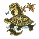 winter themed with turtle and catfish around the tree of life tattoo design idea