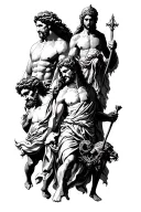 God figures scattered around the lines: Zeus, Athena, Hades, Atreus, Poseidon, freya tattoo design idea