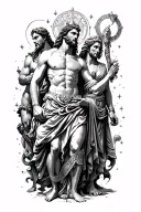 God figures scattered around the lines: Zeus, Athena, Hades, Atreus, Poseidon, freya tattoo design idea