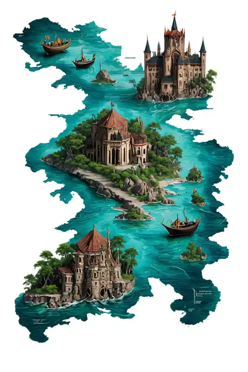 Map of the underworld starting with the Estigia river followed by Ecaronte in its boat and above the Hades Palace tattoo design idea