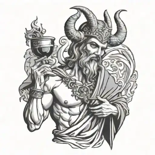 dioness Greek god holding satanic mask over one side of his face and the other holding wine tattoo design idea