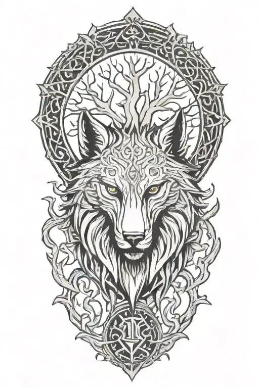 fenrir battling odin around the tree of life tattoo design idea