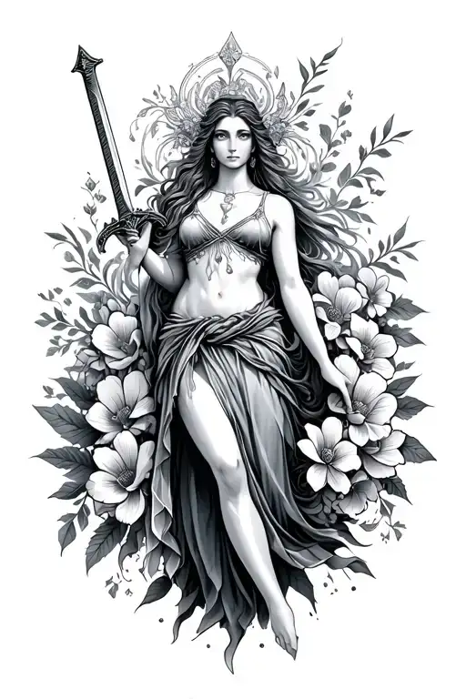 Water Goddess holding a sword and surrounded by flowers  tattoo design idea