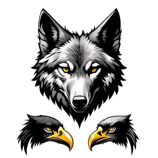 wolf head with eagle head and tribal at top and bottom  tattoo design idea