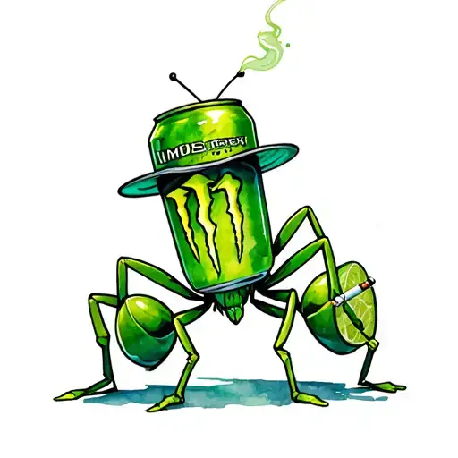 ant wearing a lime green monster energy drink hat while smoking a cigarette tattoo design idea