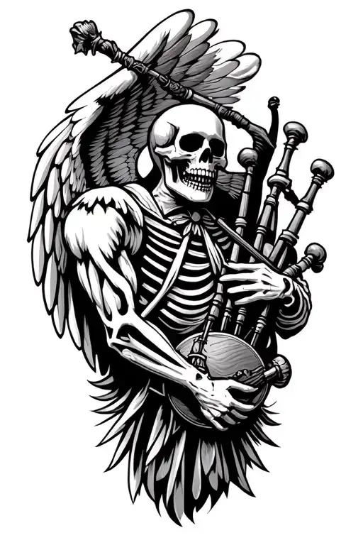 winged skeleton playing bagpipes tattoo design idea
