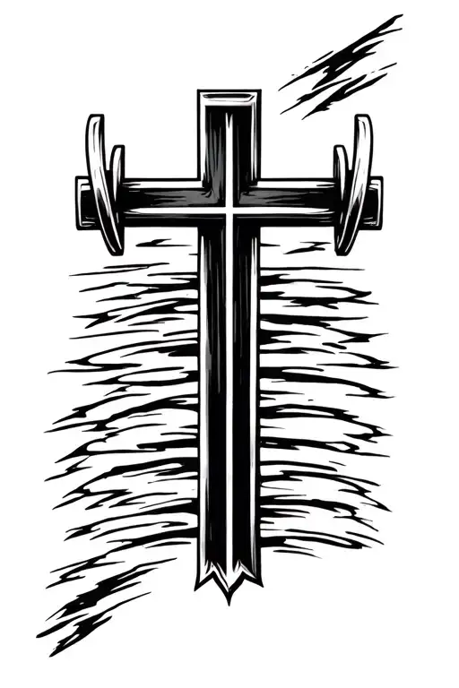 tattoo that is a cross with a barbell as the horizontal line and swimming lane lines as the vertical line tattoo design idea