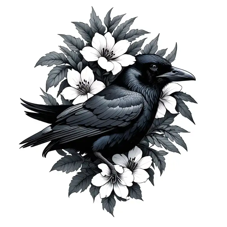 raven and larkspur flowers intertwined tattoo design idea