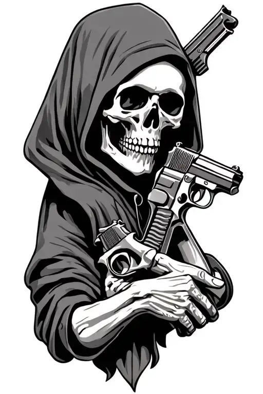 A hooded skeleton holds two silent pistols in his crossed hands tattoo design idea