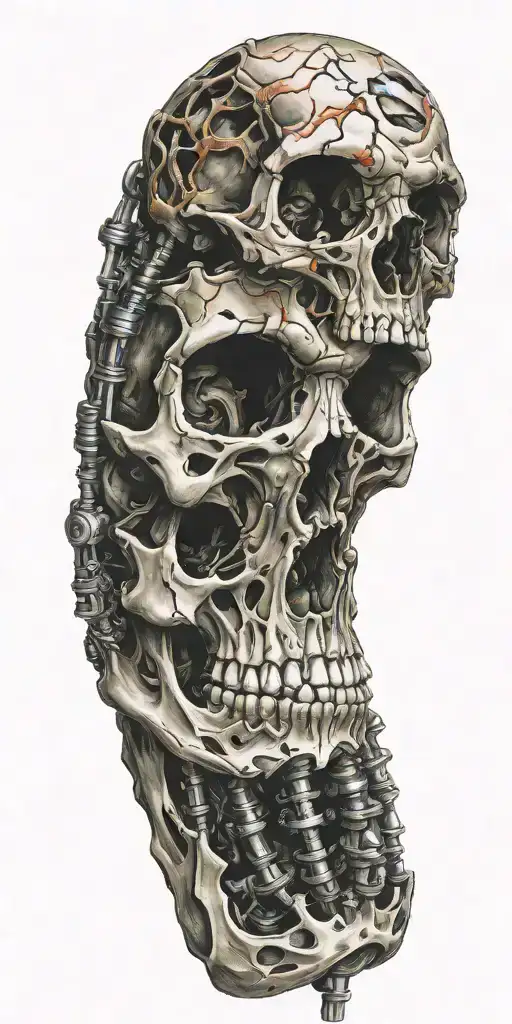 bio - mechanical iron bones, skin tears, colored tattoo design idea