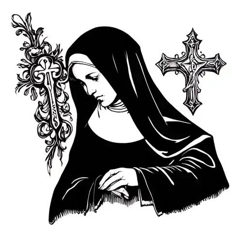Nun biting cross tattoo design idea