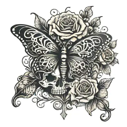 butterfly with skull and a cross with roses tattoo design idea