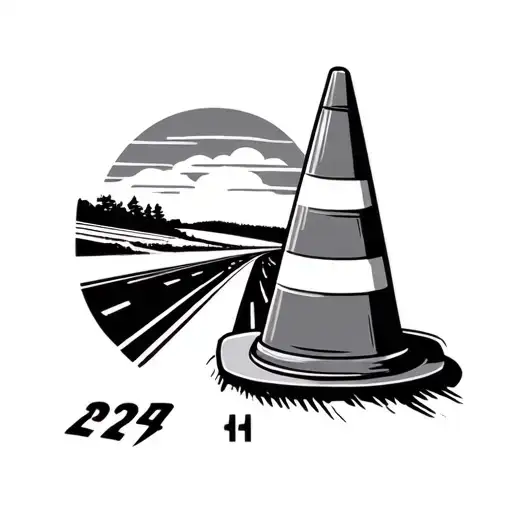 construction cone on highway with mile sign 224 and sunset tattoo design idea