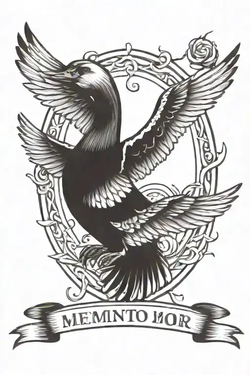 duck with spread wings and Memento mori text tattoo design idea