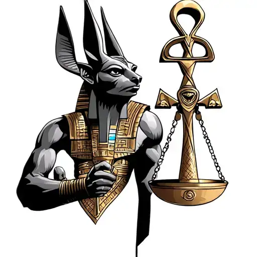 Egyptian, intimidating Anubis holding judgment weight scale, Thoth, ankh, eye of Horus  tattoo design idea