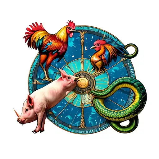 Wheel of Life with a pig, a snake, and a rooster  biting each other’s tails to form tattoo design idea