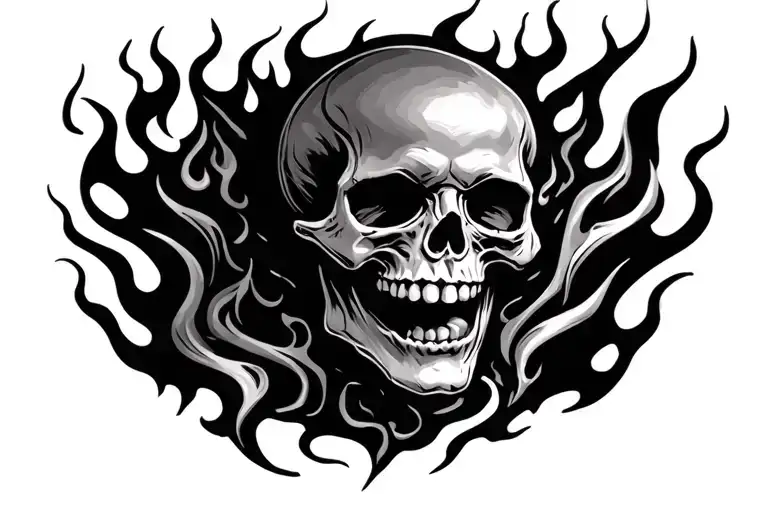 Laughing skull in flames tattoo design idea
