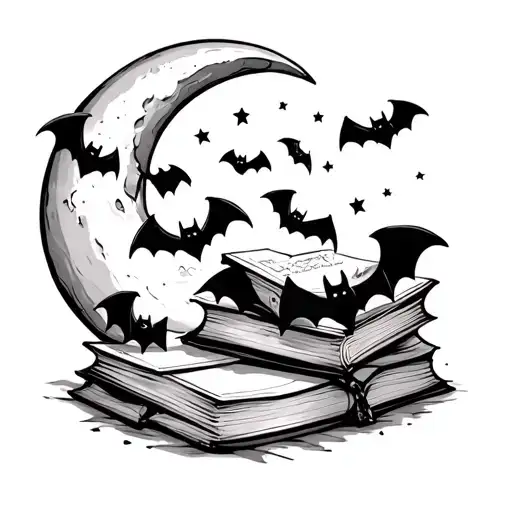 cute bats and books surround by a crescent moon tattoo design idea